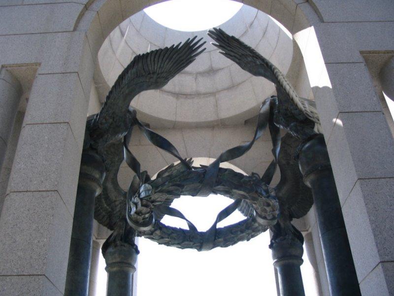 IMG_2853.jpg - National World War II Memorial: Four American eagles hold a suspended laurel wreath in the Baldacchino sculpture.